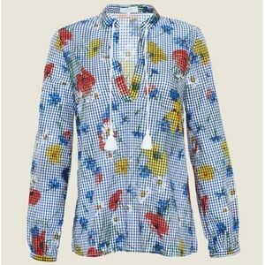 Pearl By Lela Rose- Navy Gingham with Floral Tassel Tie Longsleeve Blouse